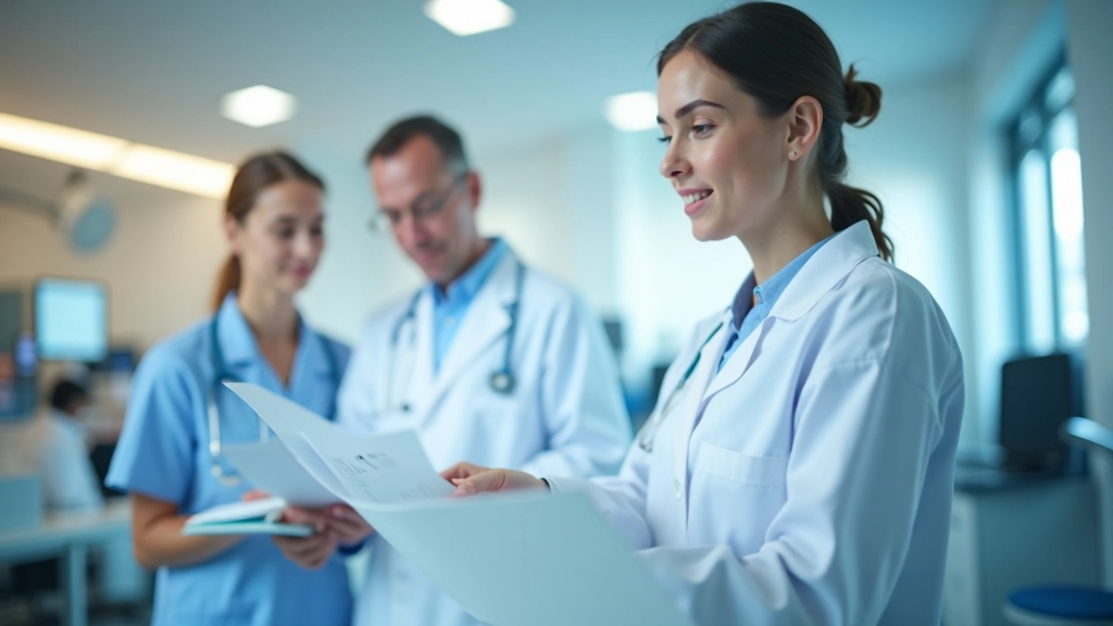 Ärzte und Krankenschwestern in einer modernen Arztpraxis mit digitalen Geräten und medizinischen Instrumenten