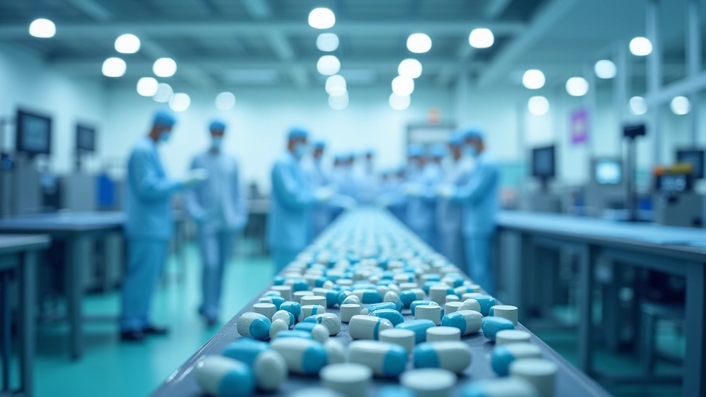 Produktionsanlage mit Fließband für die industrielle Herstellung von Medikamenten und Pharmaerzeugnissen